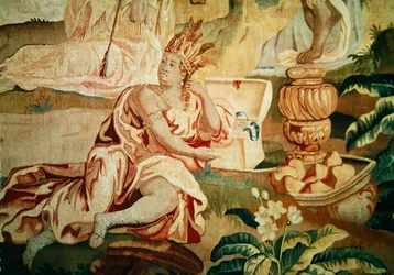 Amerika, aus einem Wandteppich der vier Ecken der Welt, Detail einer Figur im Vordergrund (Detail)